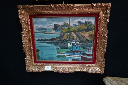 null Ecole moderne, Rivage avec bateau de pêcheur, huile sur toile. 27 x 35 cm. Signature...