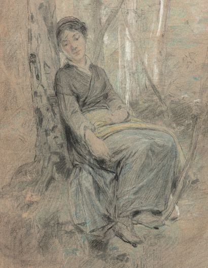 DIOGÉNE ULYSSE MAILLART (1840-1926) Jeune paysanne adossée à un arbre
Fusain et pastel,...