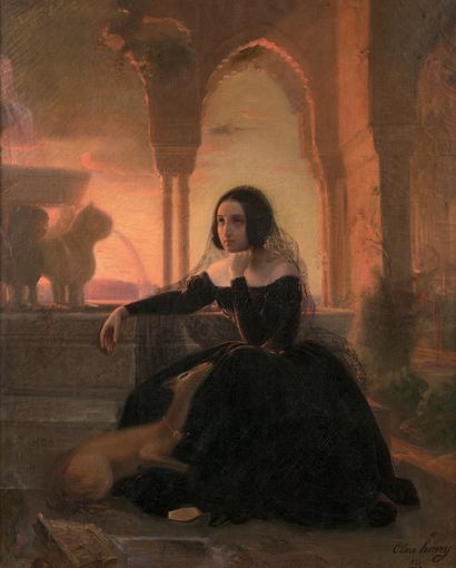 CLARA HENRI (c. 1820-c. 1870) Jeune-fille pensive au voile
Huile sur toile, signée...