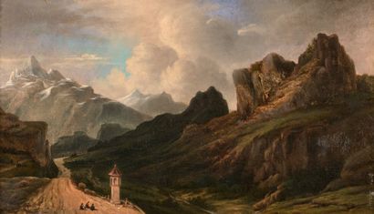 ÉCOLE SUISSE du XIXe siècle Scène de repos dans une vallée
Huile sur toile.
27 x...