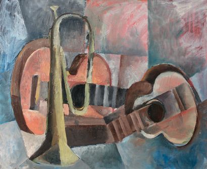 Jacques CARELMAN (1929-2012) Composition aux guitares et trompette
Huile sur toile.
60...