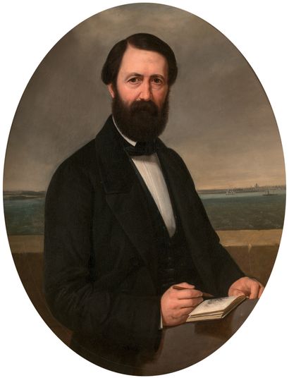 PIERRE MATHURIN PETRAUD (1808-1880) Autoportrait devant un paysage portuaire
Portait...