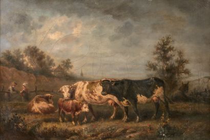 École Française de la seconde moitié du XIXe siècle Vaches au pré
Huile sur toile.
57...