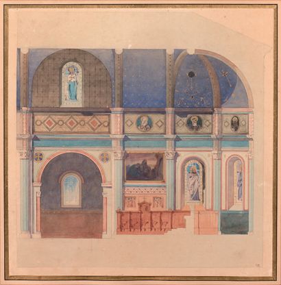 École Française du XIXe siècle Étude pour l'intérieur d'une cathédrale
Aquarelle...