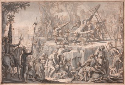 ATTRIBUÉ À ARNOLD HOUBRACKEN (1660-1719) Le martyre de Sainte Pierre
Plume et encre...
