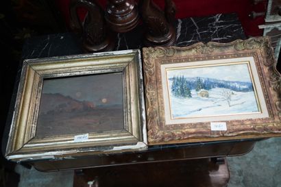 null A. AUBRY (XXe), Paysage enneigé, huile sur toile, signée en bas à droite ; CARLUS...