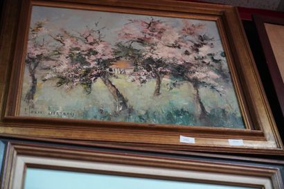 null Claude BERTRAND, Paysage aux cerisiers en fleurs, huile sur toile signée en...