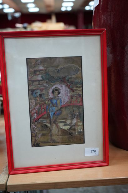 null MORLIGHEM (XXe), Femme à l'ombrelle, aquarelle et gouache sur papier, signée...
