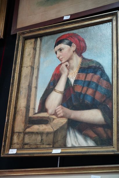 null Ecole de la fin du XIXe-début XXe, Femme au puit, huile sur toile