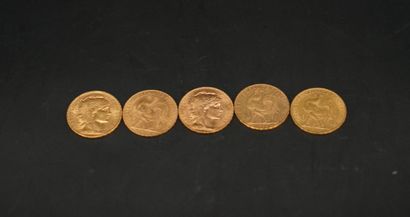 null 5 pièces de 20 francs or 1908. Poids : 32,2 grammes.