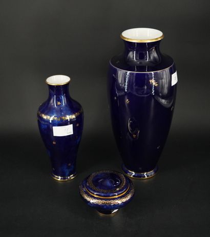 null SEVRES, réunion de deux vases balustre en porcelaine émaillée bleu à décor de...