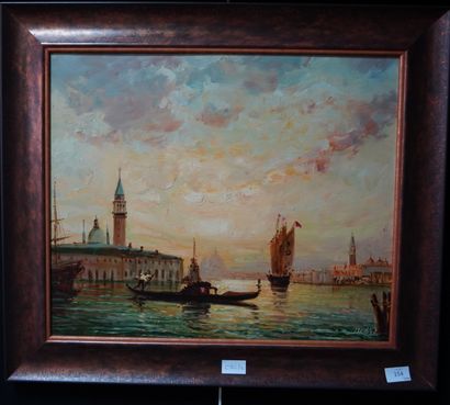 null BELLINI. Vue de Venise. Huile sur toile, signée en bas à droite.