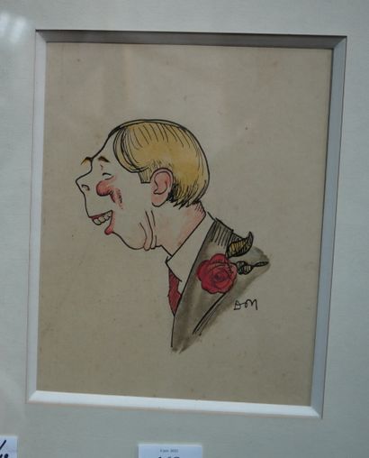 null Ion DON, portrait caricatural d'homme de profil, aquarelle et encre sur papier,...