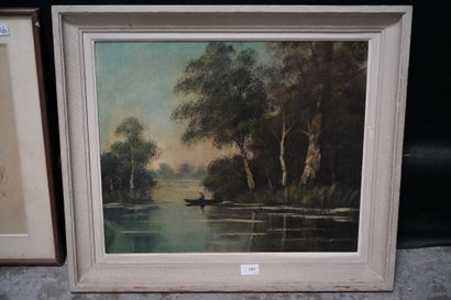 null MOREL, paysage au pêcheur, huile sur toile signée en bas à droite. 45 x 55 ...