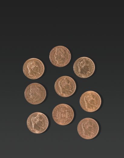 null 二十法国法郎 七枚二十法国法郎金币（拿破仑三世）和两枚二十法国法郎金币（路易-菲利普）。
总重量。57,83 g.