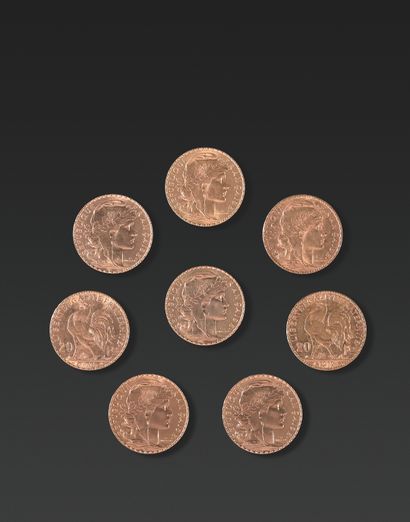 null 
VINGT FRANCS FRANÇAIS OR Huit pièces d'or de 20 francs français (Coq).



Poids...