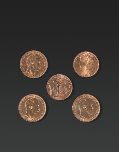 null 20金马克和20瑞士法郎金币 三枚20金马克和一枚20瑞士法郎金币。
总重量。36,7 g.