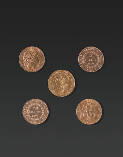 null 二十法郎金币和二十法郎皮埃蒙特共和国金币 四枚二十法郎法国金币（Génie de la Liberté），一枚二十法郎法国金币，（Marianne）和一枚二十法郎皮埃蒙特共和国金币（Marengo,...