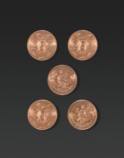 null CINQUANTE PESOS MEXICAINS OR Cinq pièces d'or de 50 pesos mexicains.
37,5 g...