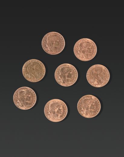 null VINGT FRANCS FRANÇAIS OR Huit pièces d'or de 20 francs français (Coq).
Poids...