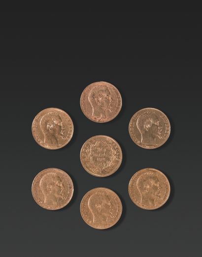 null 二十法国金法郎 七枚二十法国金法郎硬币（拿破仑三世）。
总重量。45 g.