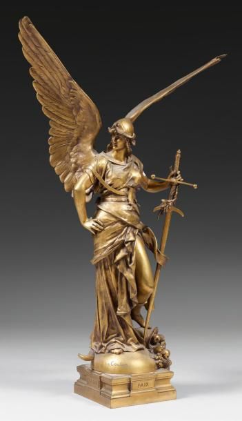 Jules COUTAN (1848-1939) Paix, Travail, Union Statuette en bronze doré Hauteur: 61,5...