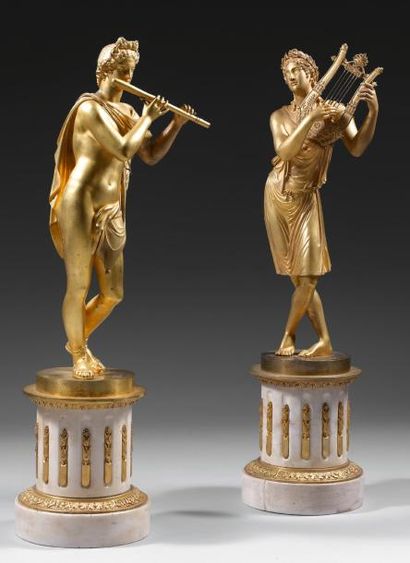 null «Apollon et une Muse» Deux épreuves formant pendant en bronze ciselé et doré...