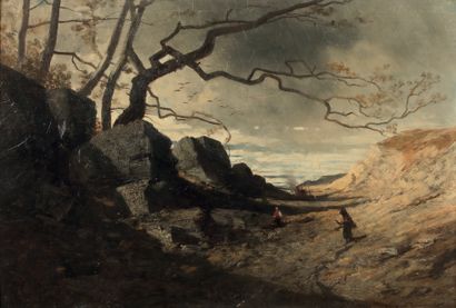 EUGÈNE DESHAYES (1828-1890) Paysans dans un paysage d'hiver
Huile sur panneau, signée...