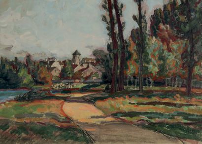 PIERRE CHAPUIS (1863-1942) Le lac du
Bois de Boulogne
Huile sur carton, signée en...