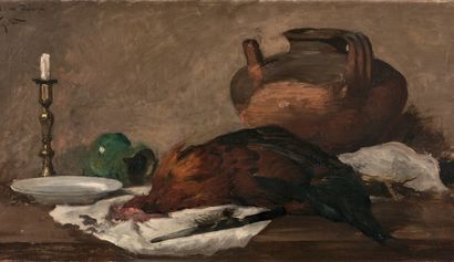 VICTOR GABRIEL GILBERT (1847-1933) Nature morte au coq, à la cruche et au flambeau
Huile...