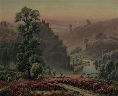 GASTON ANGLADE (1854-1919) Paysage aux bruyères en fleurs
Huile sur toile, signée...