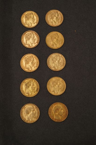 TWENTY FRENCH FRANCS GOLD. Ten gold coins...
