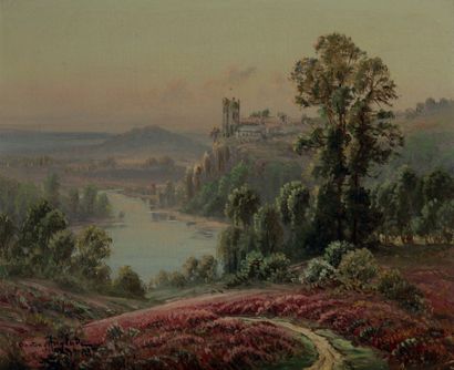 GASTON ANGLADE (1854-1919) Paysage de gorges aux bruyères en fleurs
Huile sur toile,...
