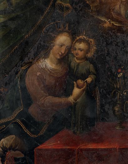 ÉCOLE FLAMANDE VERS 1630 Vierge à l'Enfant
Huile sur cuivre.
22 x 16,5 cm.
Sans cadre.
Manques,...