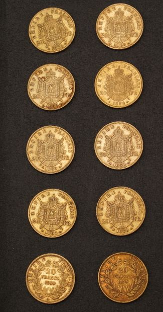 null 二十法国法郎的黄金。10枚20法国法郎的金币。重量：64.26克。穿着。没有买方费用。