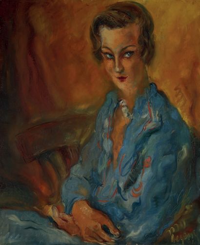 JEAN AUJAME (1905-1965) Portrait de femme à la robe bleue
Huile sur toile, signée...