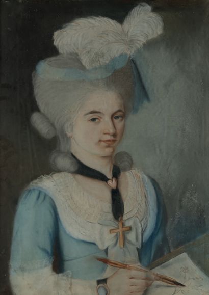 ÉCOLE FRANÇAISE DU XVIIIe SIÈCLE * Portrait of an elegant woman drawing
Pastel.
64...