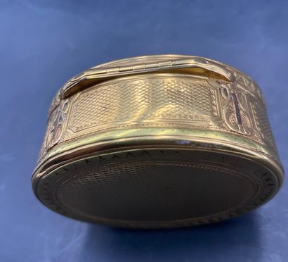 null BOX
Golds of several tones, engraved and guilloche, oval, the hinged lid decorated...