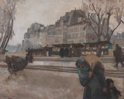 null 20世纪初的法国经济。巴黎，书商。
大奥古斯丁码头。布面油画，左下方有签名（难以辨认）。