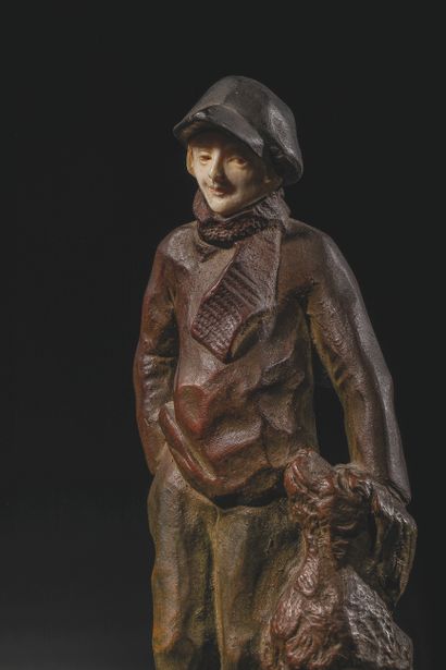 null ALFRED JOREL (c.1860 - 1927). Gamin de Paris et son chien. Statuette chryséléphantine...