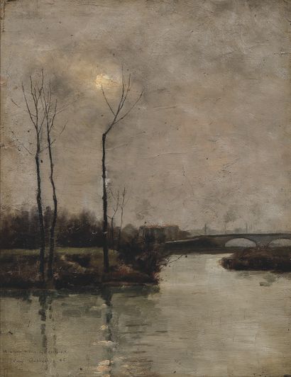 null EUGÈNE DESHAYES (1828-1890/91). Banks of the Seine in Charenton, 1885. Oil on...