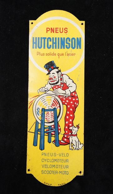 null HUTCHINSON TIRES. Enameled iron plate, rectangular shape, curved ends, illustrated...