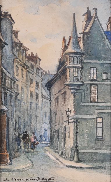 null 露易丝-热尔曼-巴利戈（1874-1939）。感官旅馆，巴黎，1929年。饭店街，第4号。两幅纸上水彩画，左下角有签名和标题，第一幅在背面有墨水日期。