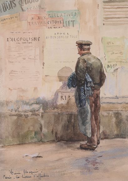 null PIERRE CHAPUIS (1863-1942). Paris, the poster reader. Watercolor on paper, signed,...