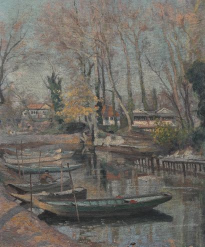 null HENRI THIRIET (1873-1946). Joinville-le-Pont, barques sur la Marne. Huile sur...