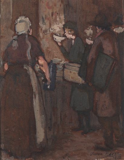null VICTOR MAREC (1862-1920). La soupe populaire, 1918. Huile sur carton, signée...