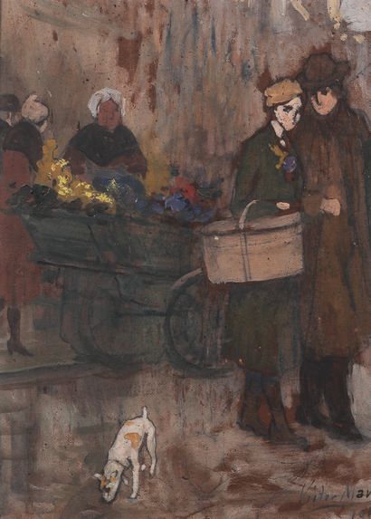 null VICTOR MAREC (1862-1920). La marchande de fleurs, 1918. Huile sur carton, signée...