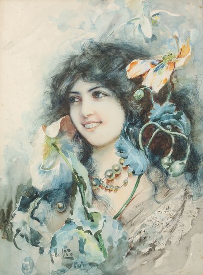 null ARNALDO DELISIO (1869-1949). Portrait of a woman, Paris. Watercolor and ink...