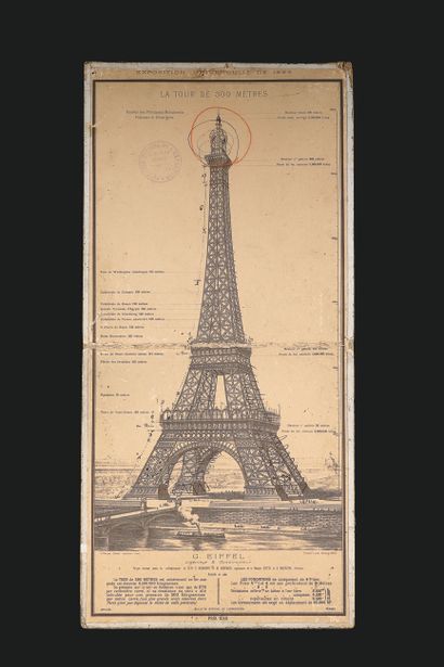 null EXPOSITION UNIVERSELLE, PARIS 1889. La tour de 300 mètres. Affichette imprimée,...