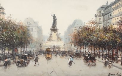 null GASPAR MIRO LLEO (1859-1930). Paris, Place de la république, animée, c. 1900...